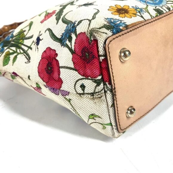 GUCCI 140203 Flora Bamboo Floral Flower Bag Tote Bag Hand Bag Canvas Multicolore - Picture 9 of 16